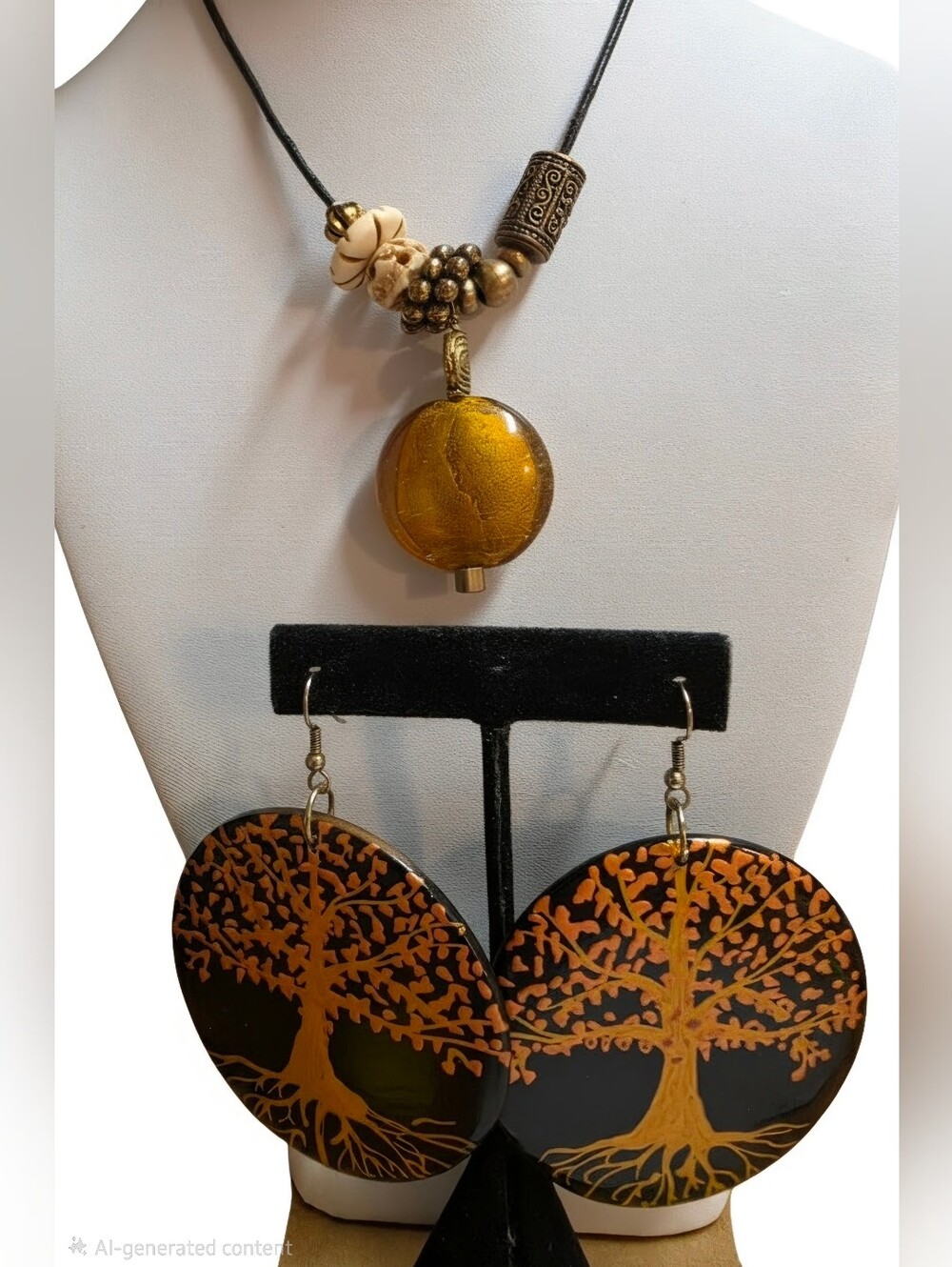 Bone Brass & Amber Glass Necklace & Handpainted Tree Of Life Wood Earrings